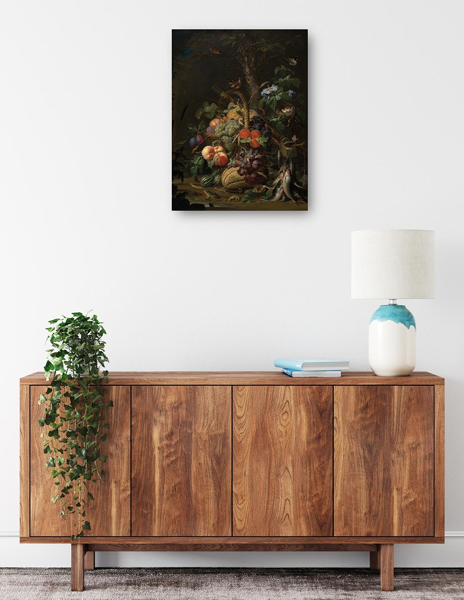 Cuadro decorativo Naturaleza Muerta Con Frutas, Peces Y Un Nido. - Impresión En Lienzo técnica mixta Ramos 2