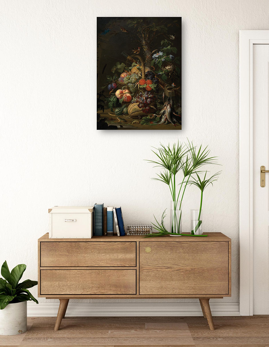 Cuadro decorativo Naturaleza Muerta Con Frutas, Peces Y Un Nido. - Impresión En Lienzo técnica mixta Ramos 3