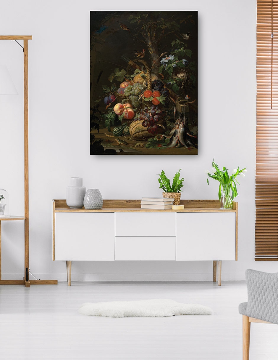 Cuadro decorativo Naturaleza Muerta Con Frutas, Peces Y Un Nido. - Impresión En Lienzo técnica mixta Ramos 5