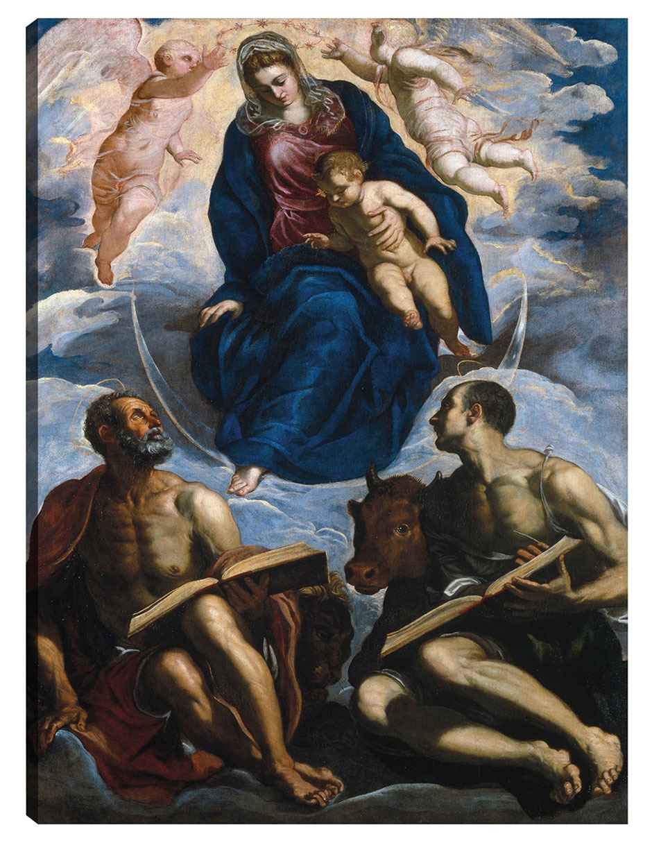 Cuadro decorativo María Con El Niño, Venerada Por San Marcos Y San Lucas (Antes De 1570) - Impresión En Lienzo técnica mixta Vírgenes Cuadro decorativo María Con El Niño, Venerada Por San Marcos Y San Lucas (Antes De 1570) - Impresión En Lienzo técnica mixta Vírgenes