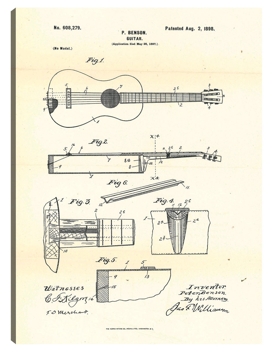 Cuadro decorativo Guitarra Patentada, Inventor: Peter Benson, 2 De Agosto De 1898 técnica mixta Planos Cuadro decorativo Guitarra Patentada, Inventor: Peter Benson, 2 De Agosto De 1898 técnica mixta Planos
