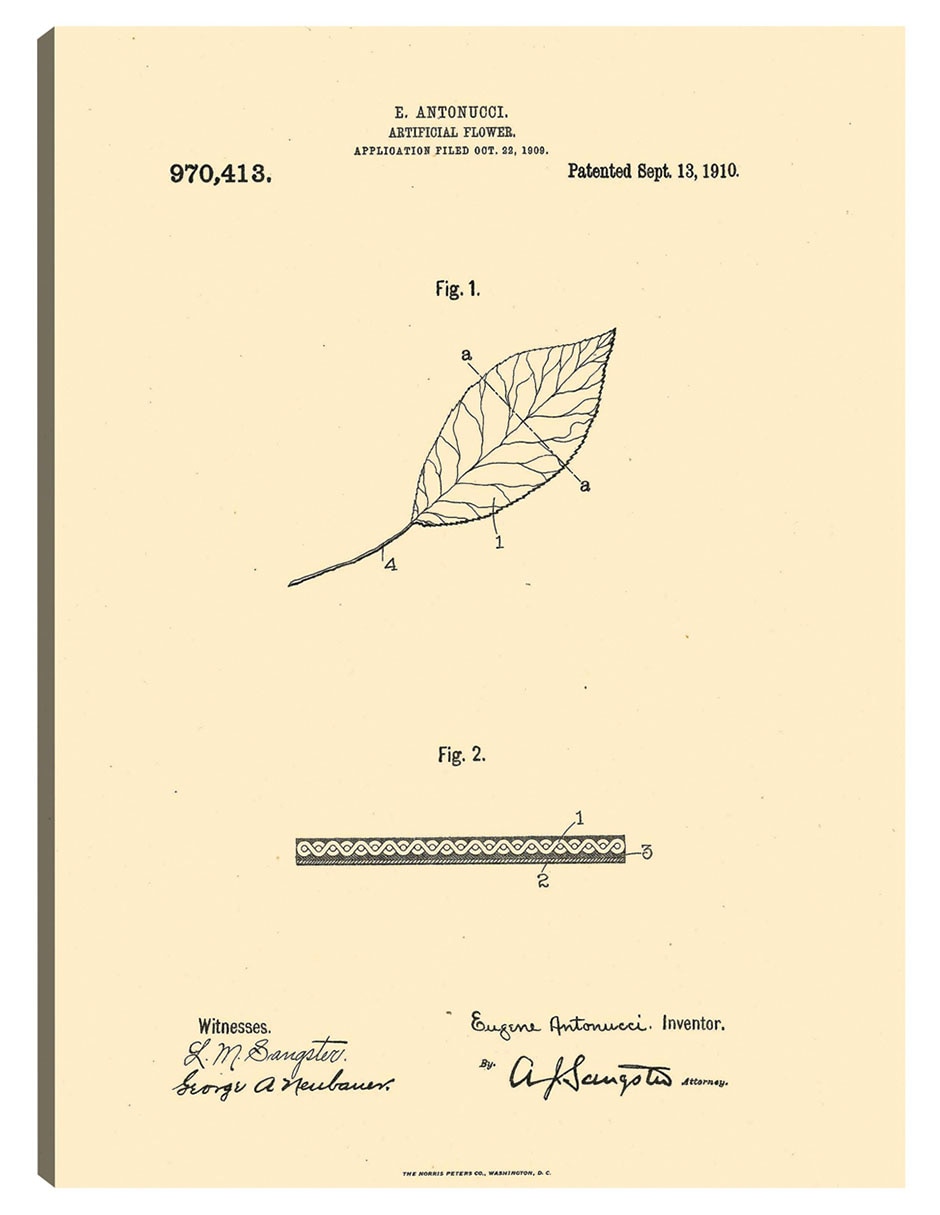 Cuadro decorativo Flor Artificial Patentada, Inventor: William A. Warner, 13 De Septiembre De 1910 técnica mixta Planos