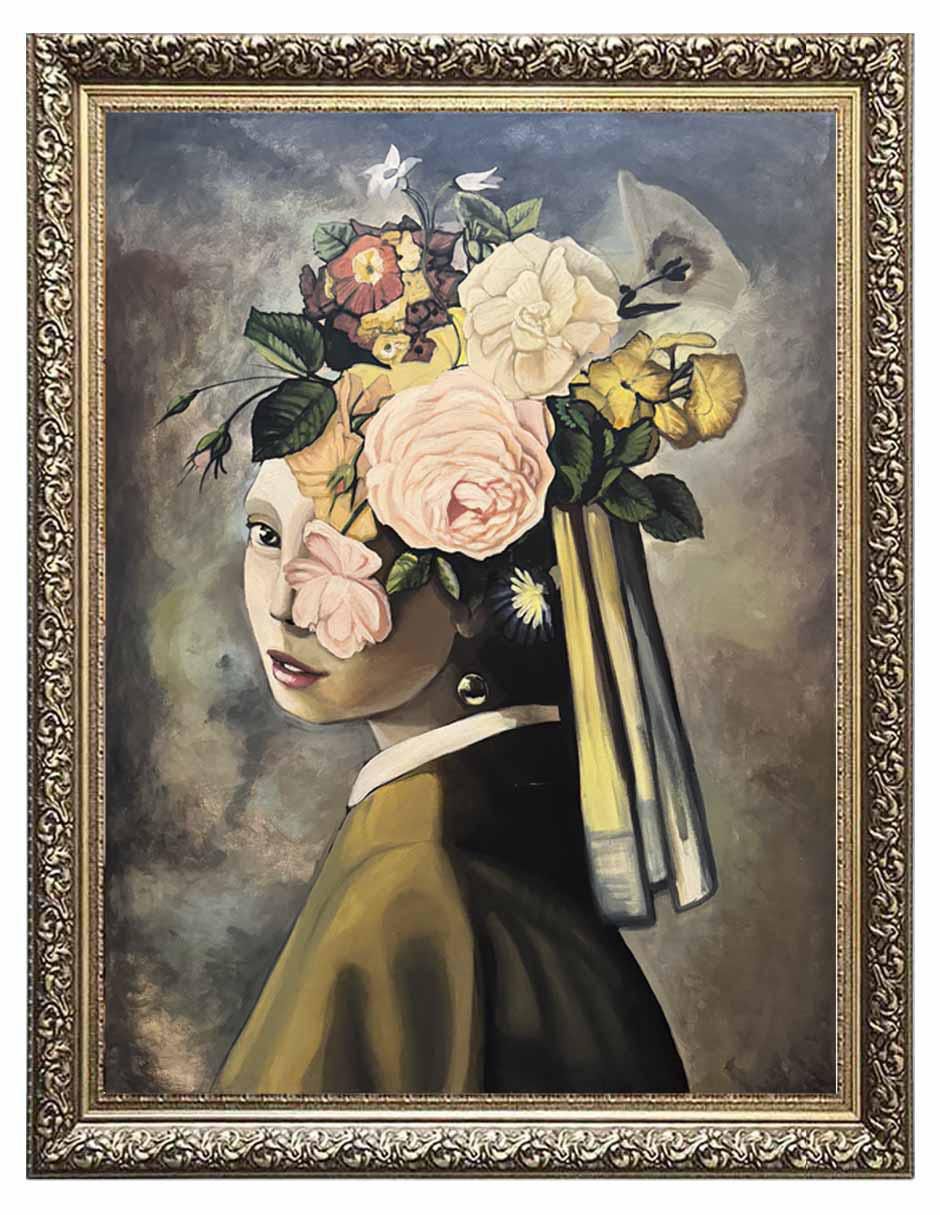 Pintura La Chica Del Arete Y Flores técnica óleo