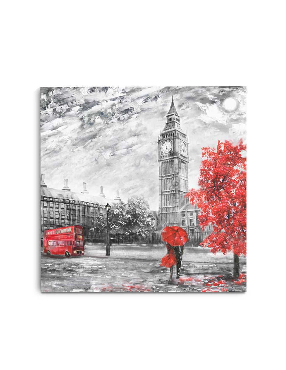 Cuadro decorativo Canvas Art Pareja mirando Big Ben bajo paraguas rojo con barniz a registro