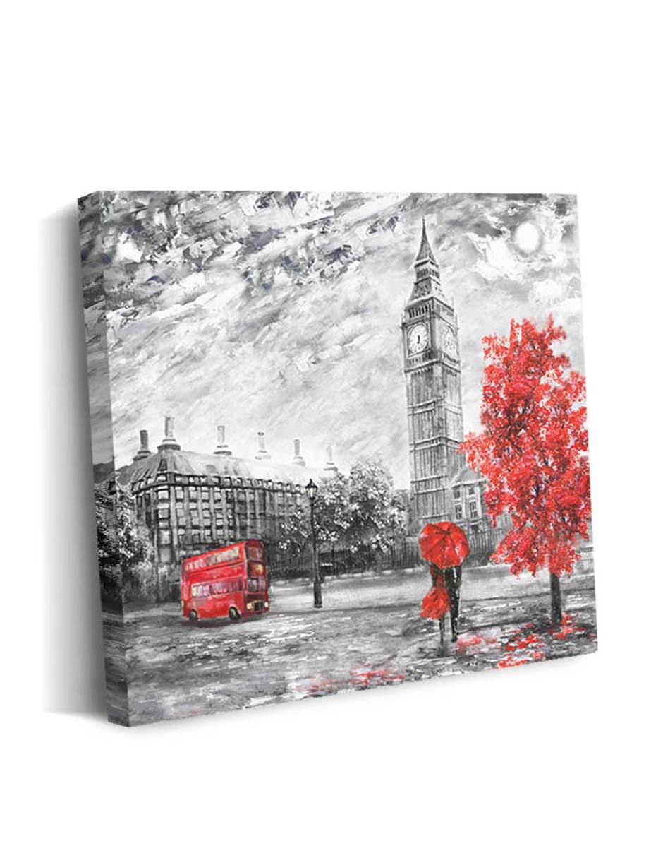 Cuadro decorativo Canvas Art Pareja mirando Big Ben bajo paraguas rojo con barniz a registro