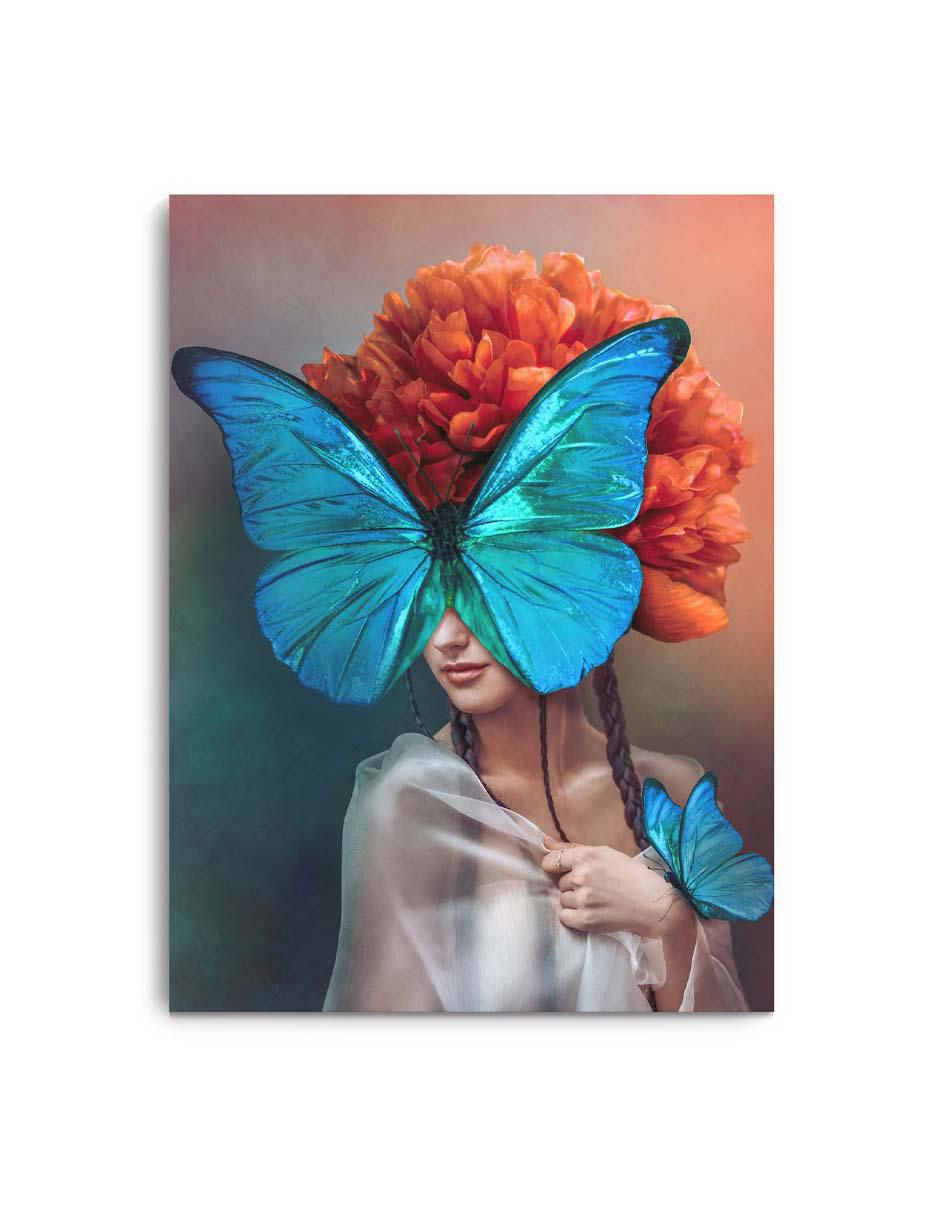 Cuadro decorativo Canvas Art Mujer con mariposa azul con barniz a registro