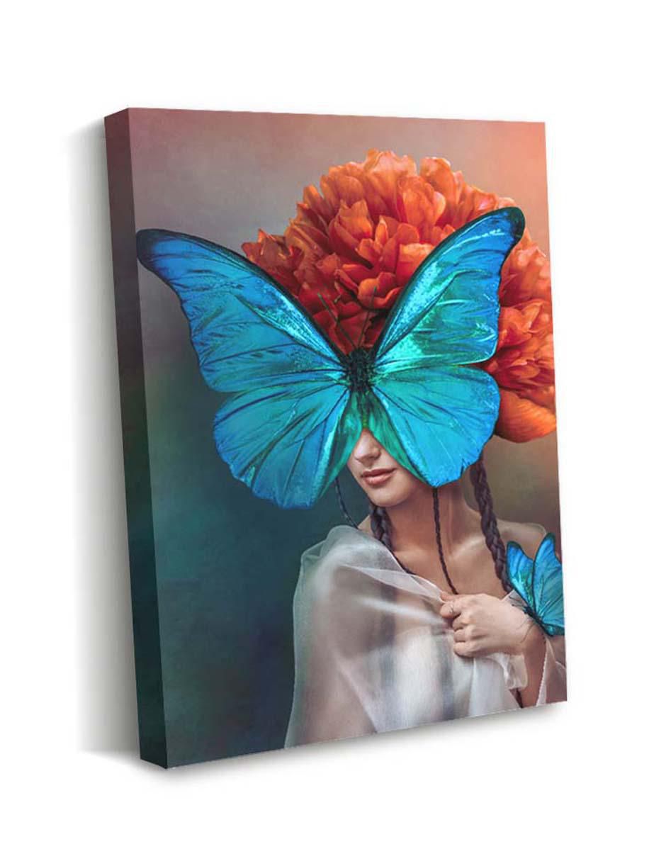 Cuadro decorativo Canvas Art Mujer con mariposa azul con barniz a registro