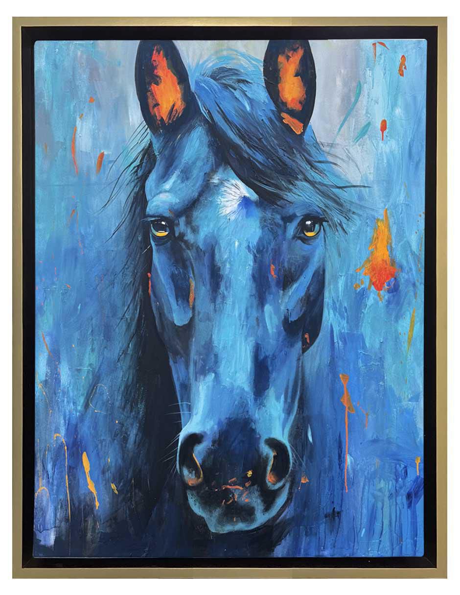 Pintura Equino Azul Con Toques Naranja técnica acrílico Animalart