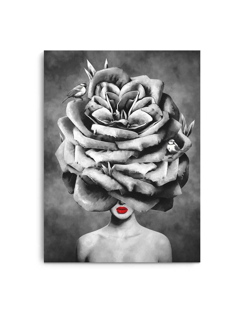 Cuadro decorativo Canvas Art Rosa sobre mujer de labios rojos con barniz a registro