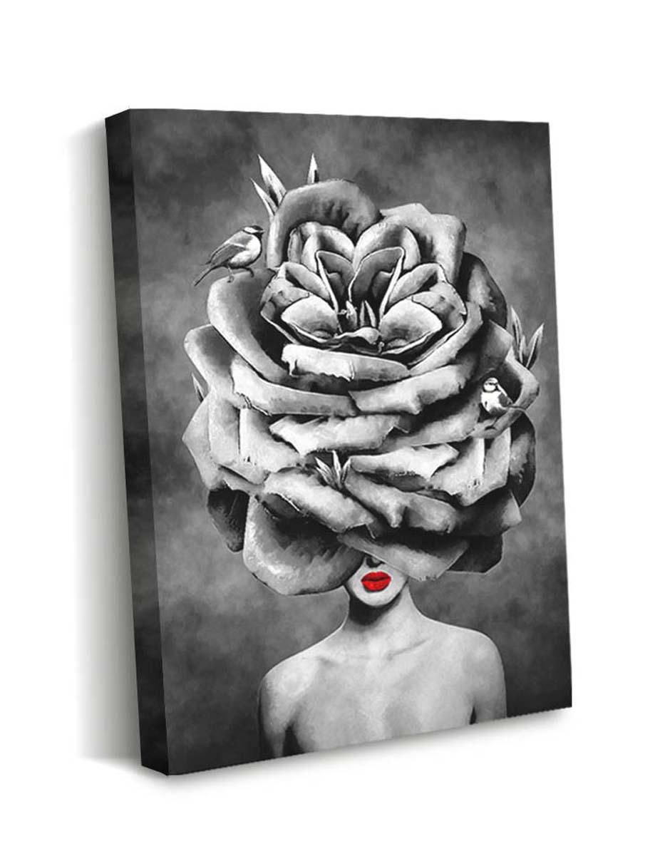 Cuadro decorativo Canvas Art Rosa sobre mujer de labios rojos con barniz a registro