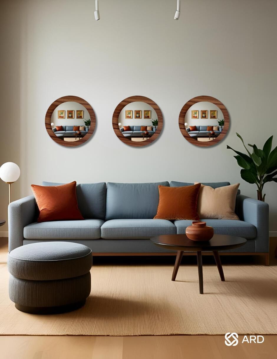 Espejo redondo decorativo de pared de madera glanz oak