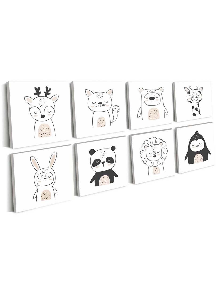 Cuadro decorativo set de animalitos tímidos con barniz a registro 4