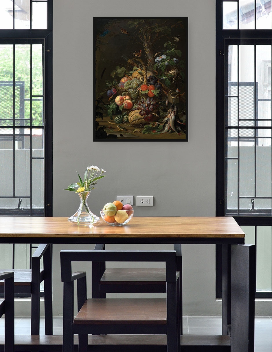 Cuadro decorativo Naturaleza muerta con frutas, peces y un nido técnica mixta Ramos 4