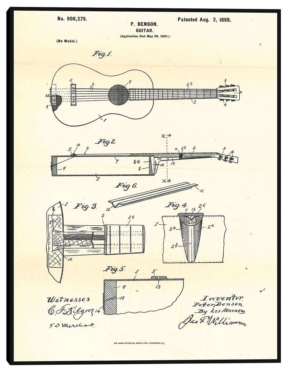 Cuadro decorativo Guitarra patentada, inventor: Peter Benson, 2 de agosto de 1898 técnica mixta Planos
