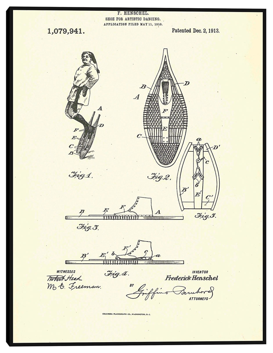 Cuadro decorativo Zapato patentado para danza artística, inventor Frederick Henschel, 2 de diciembre de 1913 técnica mixta Planos Cuadro decorativo Zapato patentado para danza artística, inventor Frederick Henschel, 2 de diciembre de 1913 técnica mixta Planos