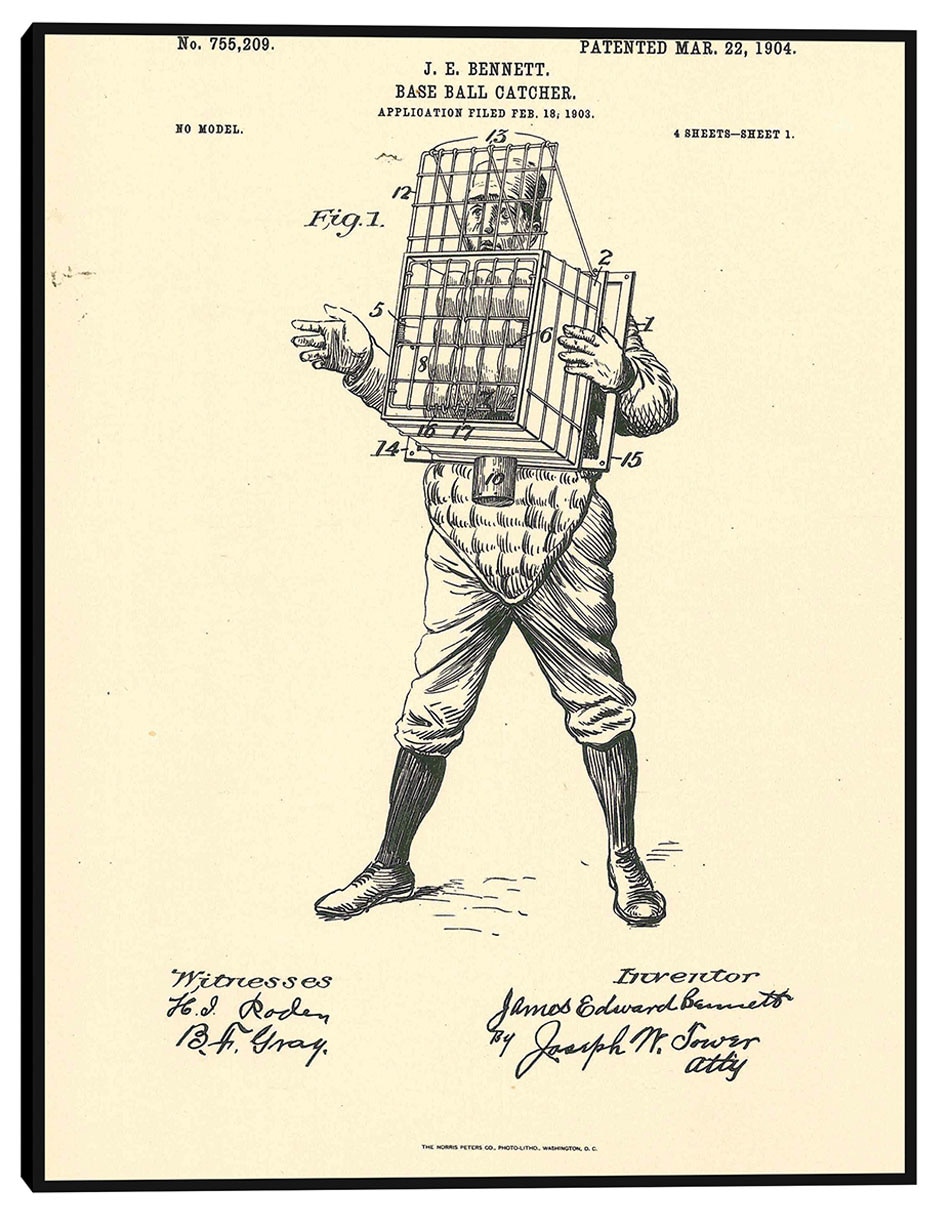 Cuadro decorativo Patente de receptor de béisbol, 22 de marzo de 1904 técnica mixta Planos Cuadro decorativo Patente de receptor de béisbol, 22 de marzo de 1904 técnica mixta Planos