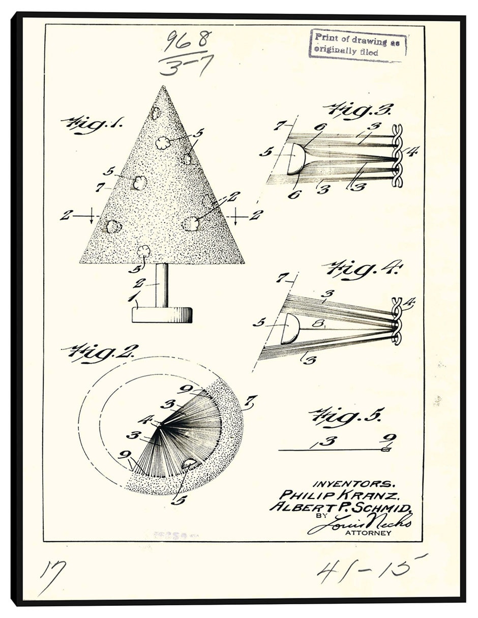 Cuadro decorativo Árbol de Navidad artificial patentado, inventor(es): Phillip Kraz y Albert P. Schmid. técnica mixta Planos Cuadro decorativo Árbol de Navidad artificial patentado, inventor(es): Phillip Kraz y Albert P. Schmid. técnica mixta Planos