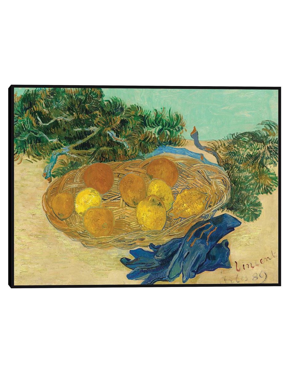 Cuadro decorativo Bodegón de naranjas y limones con guantes azules técnica mixta Obras Cuadro decorativo Bodegón de naranjas y limones con guantes azules técnica mixta Obras