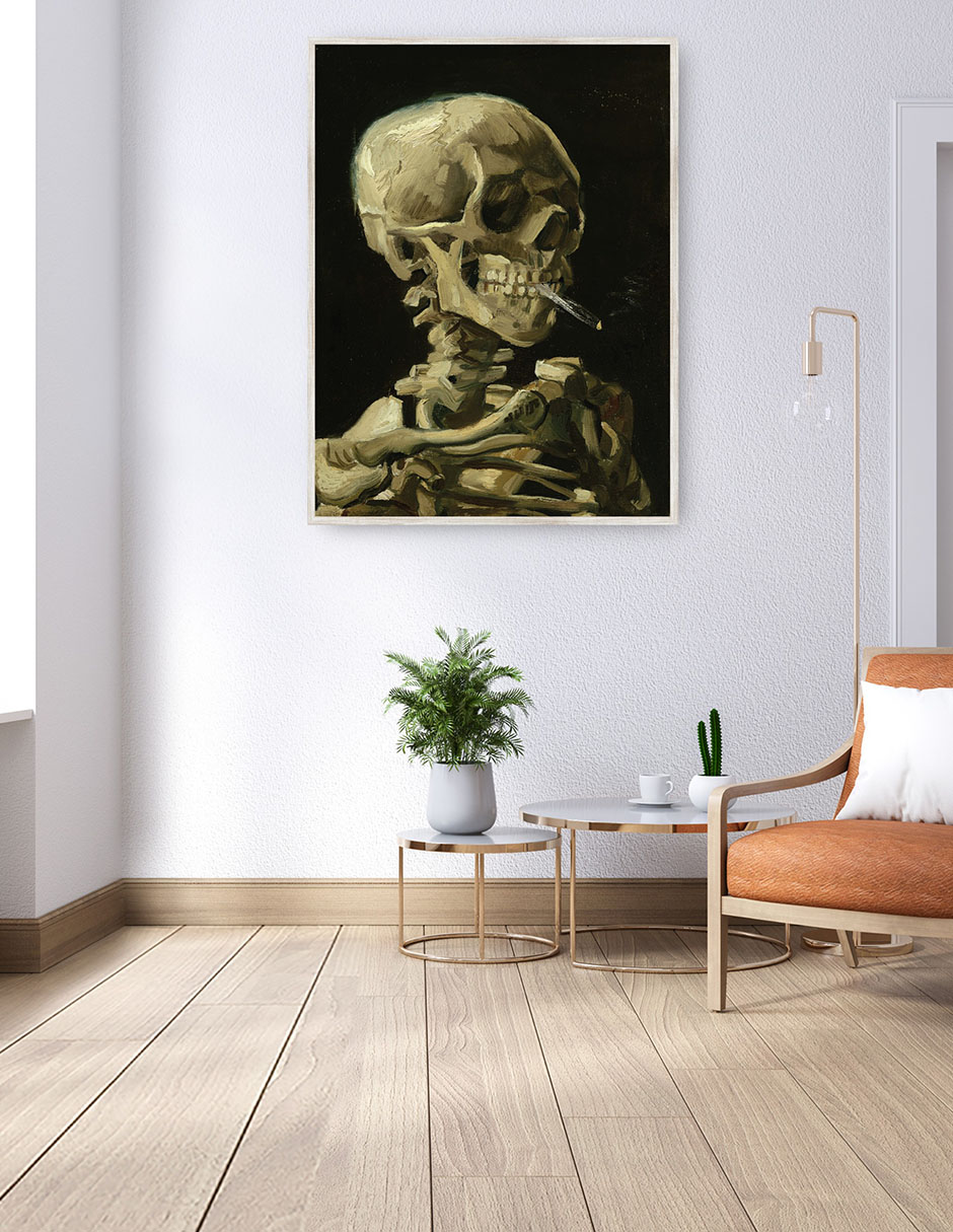 Cuadro decorativo Cabeza De Esqueleto Con Un Cigarrillo Encendido técnica mixta Formas