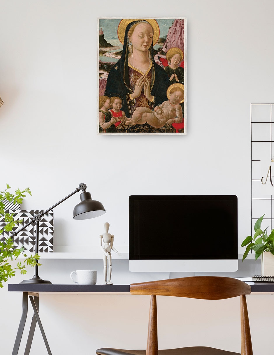 Cuadro decorativo Virgen Y El Niño Con Ángeles técnica mixta  Vírgenes 4