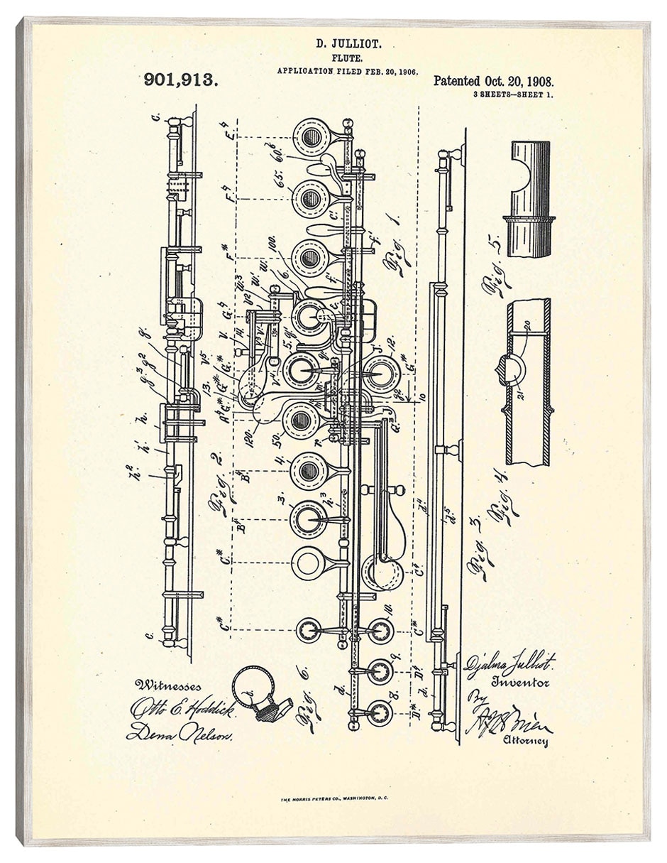 Cuadro decorativo Flauta Patentada, Inventora Djalma Julliot, 20 De Octubre De 1909 I técnica mixta Planos