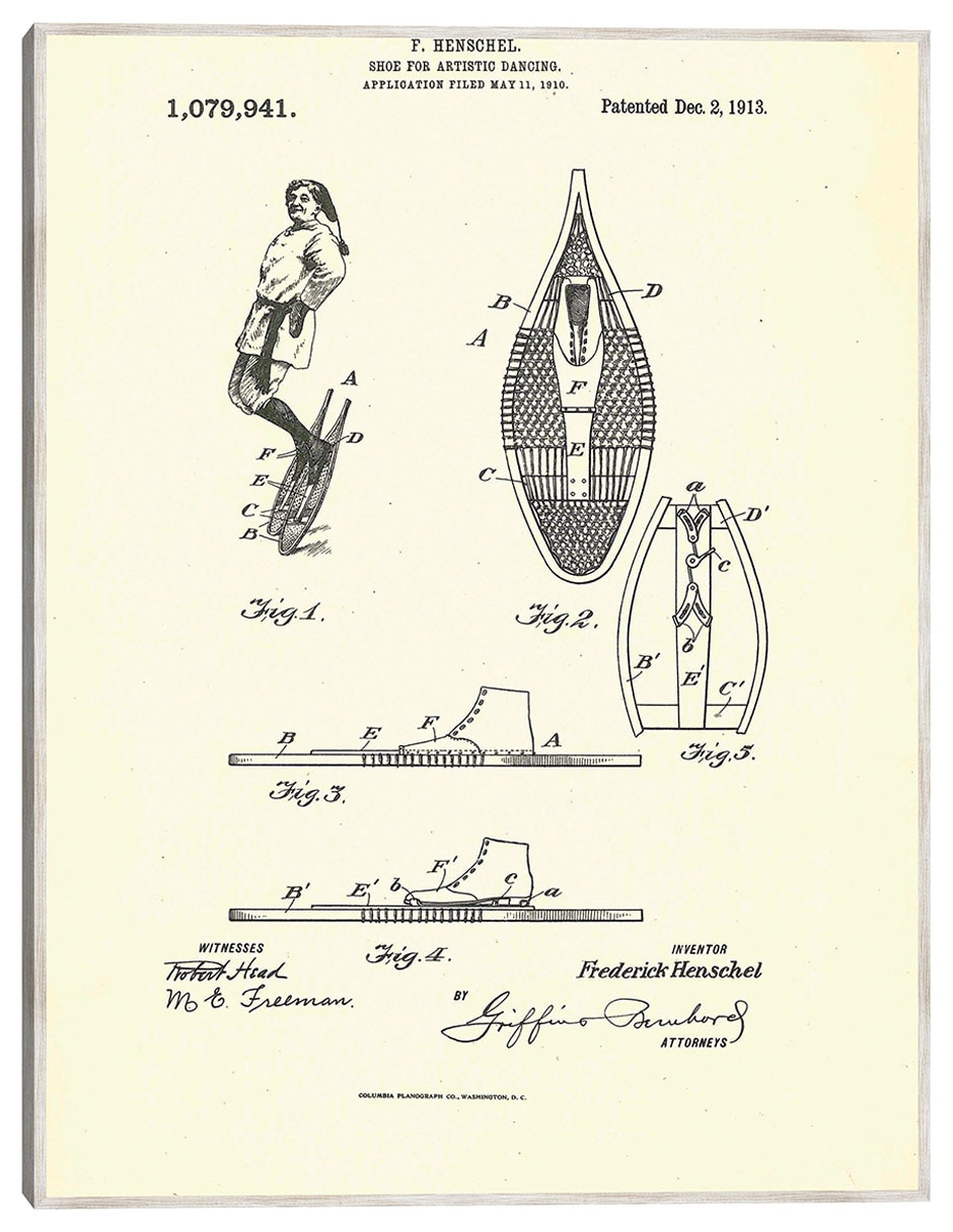 Cuadro decorativo Zapato Patentado Para Danza Artística, Inventor Frederick Henschel, 2 De Diciembre De 1913 técnica mixta Planos