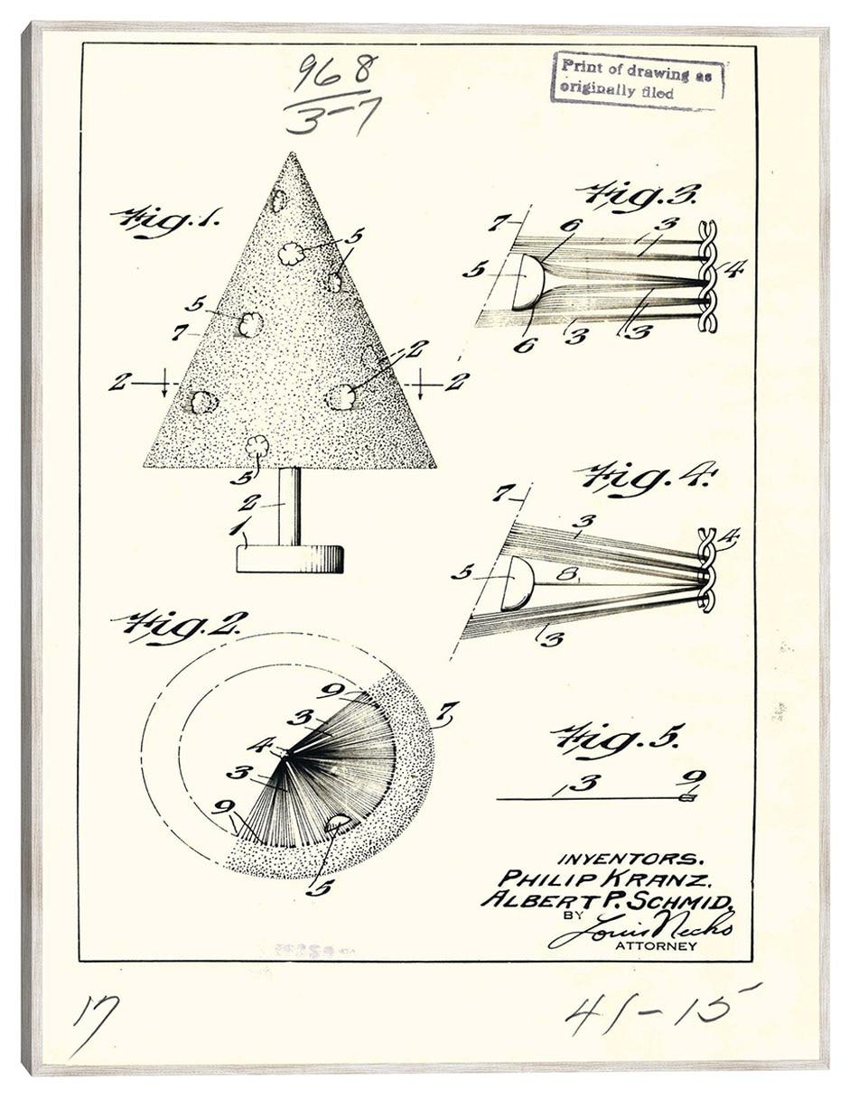 Cuadro decorativo Árbol De Navidad Artificial Patentado, Inventor(Es): Phillip Kraz y Albert P. Schmid. técnica mixta Planos