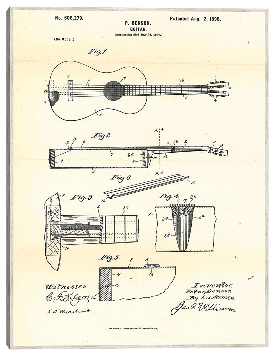 Cuadro decorativo Guitarra Patentada, Inventor: Peter Benson, 2 De Agosto De 1898 técnica mixta Planos Cuadro decorativo Guitarra Patentada, Inventor: Peter Benson, 2 De Agosto De 1898 técnica mixta Planos