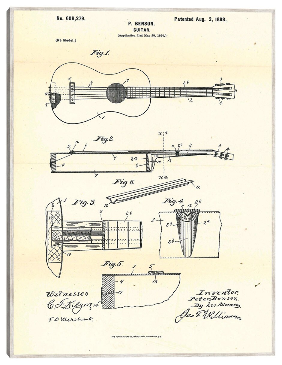 Cuadro decorativo Guitarra Patentada, Inventor: Peter Benson, 2 De Agosto De 1898 técnica mixta Planos Cuadro decorativo Guitarra Patentada, Inventor: Peter Benson, 2 De Agosto De 1898 técnica mixta Planos