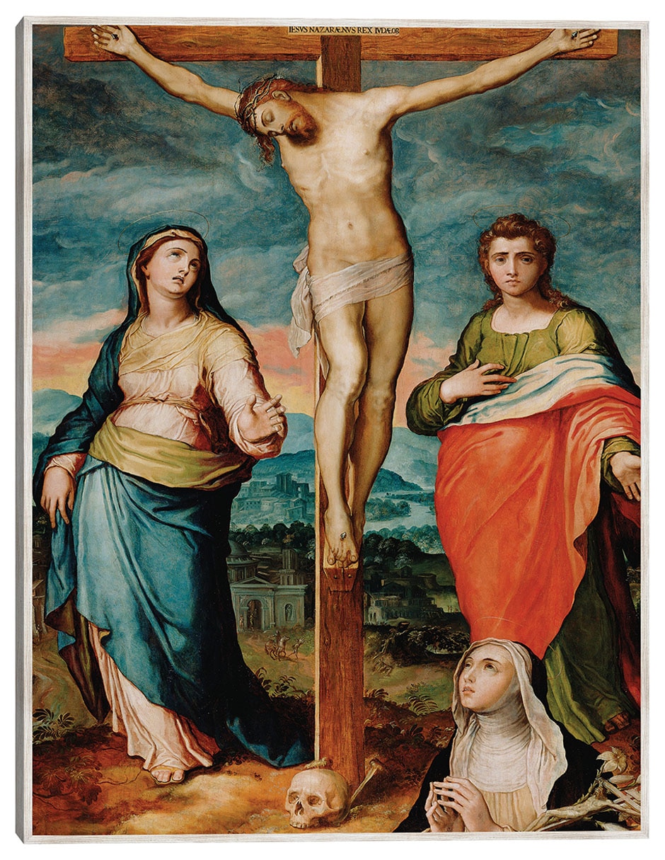 Cuadro decorativo Cristo En La Cruz Con Los Santos María, Juan Evangelista y Catalina De Siena (Alrededor De 1570) técnica mixta Figuras Celestiales