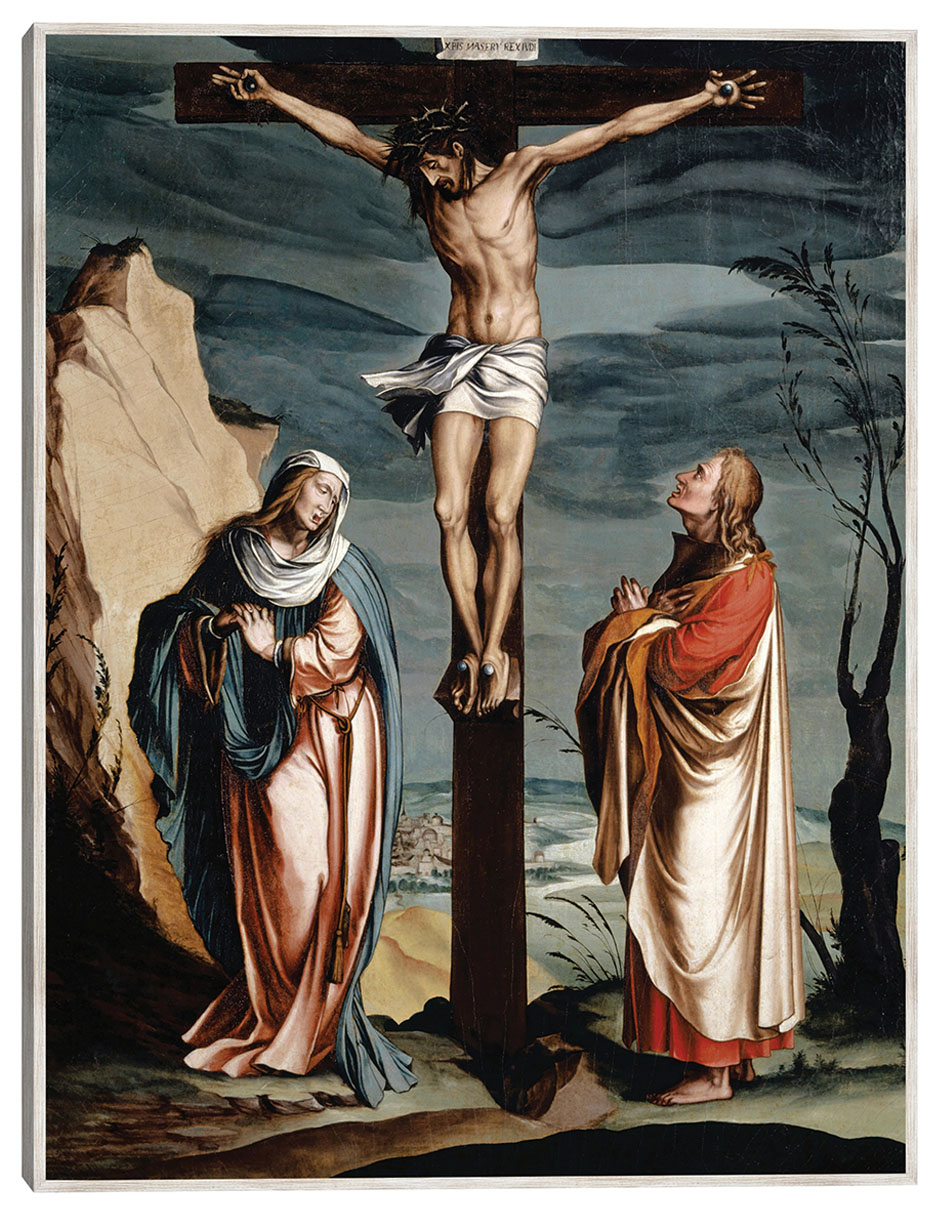 Cuadro decorativo Cristo En La Cruz Entre La Virgen y San Juan (1560) técnica mixta Figuras Celestiales