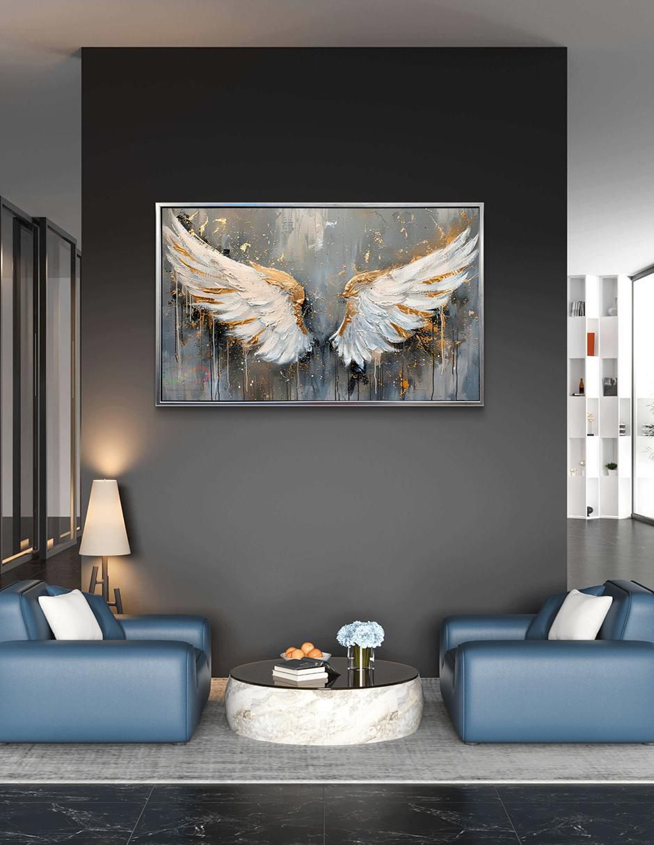 Cuadro decorativo Plata Alas De Angel Guarda Canvas Textura Oleo Detalle Polvo Oro Calidad Premium 120 X 80 Cm técnica impresión Ideas Creativas In 6
