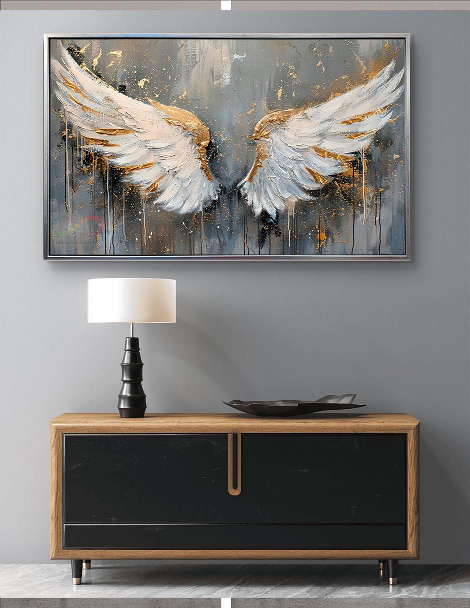 Cuadro decorativo Plata Alas De Angel Guarda Canvas Textura Oleo Detalle Polvo Oro Calidad Premium 120 X 80 Cm técnica impresión Ideas Creativas In 7