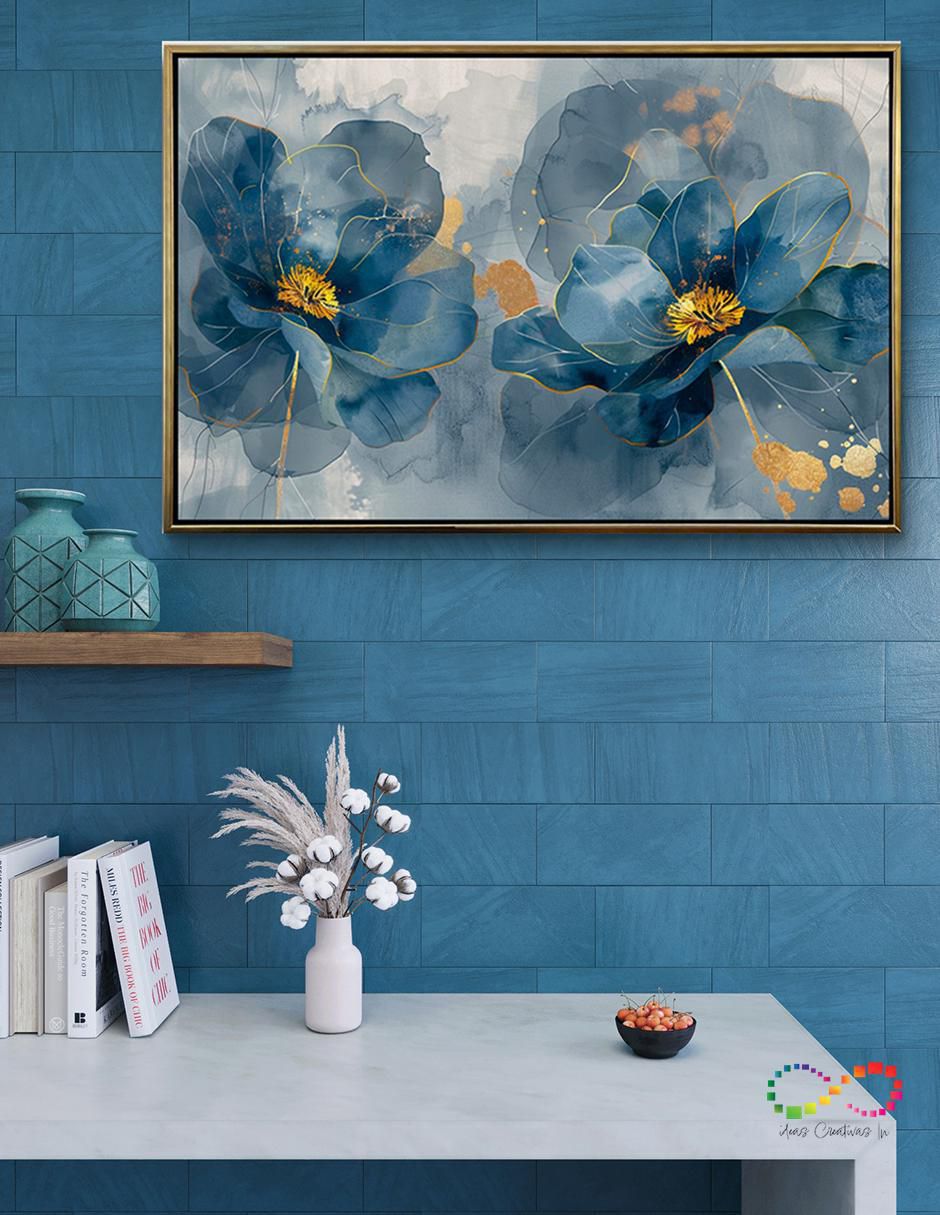 Cuadro decorativo Flores Amapola Azul Turquesa Canvas Textura Oleo Detalle Polvo Oro Calidad Premium 120 X 80 Cm técnica polioleo Ideas Creativas In Premium 7