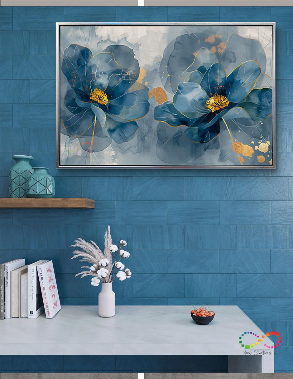 Cuadro decorativo Plata Flores Amapola Azul Turquesa Canvas Textura Oleo Detalle Polvo Oro Calidad Premium 120 X 80 Cm técnica polioleo Ideas Creativas In Premium 2