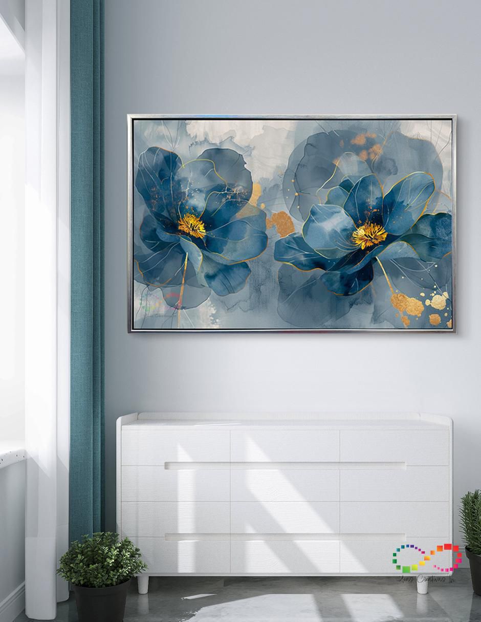 Cuadro decorativo Plata Flores Amapola Azul Turquesa Canvas Textura Oleo Detalle Polvo Oro Calidad Premium 120 X 80 Cm técnica polioleo Ideas Creativas In Premium 3
