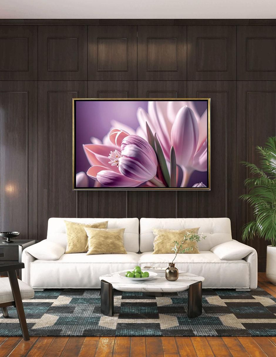 Pintura Cuadro Decorativo con marco Oro Tulipanes Lilas técnica impresión Premium 5