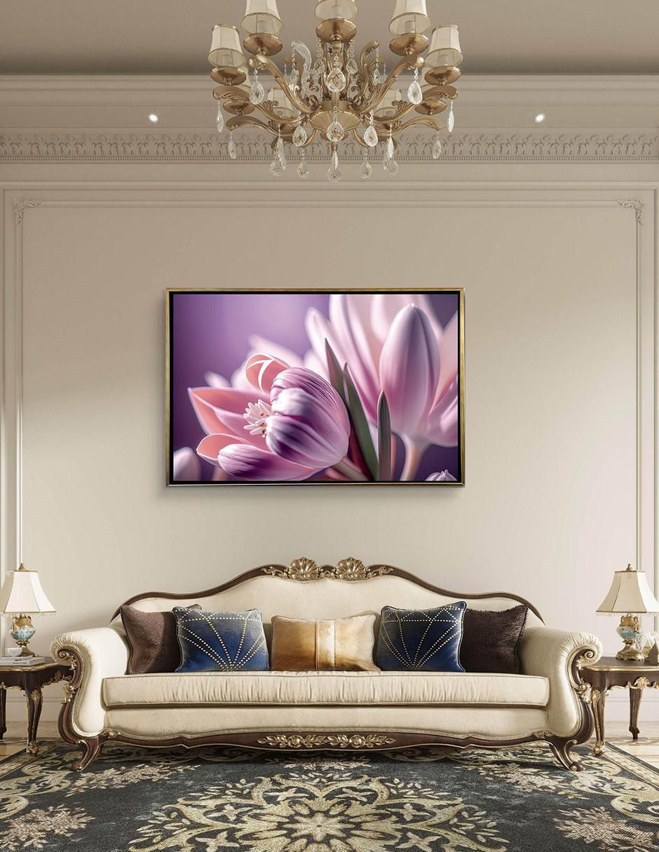 Pintura Cuadro Decorativo con marco Oro Tulipanes Lilas técnica impresión Premium 4