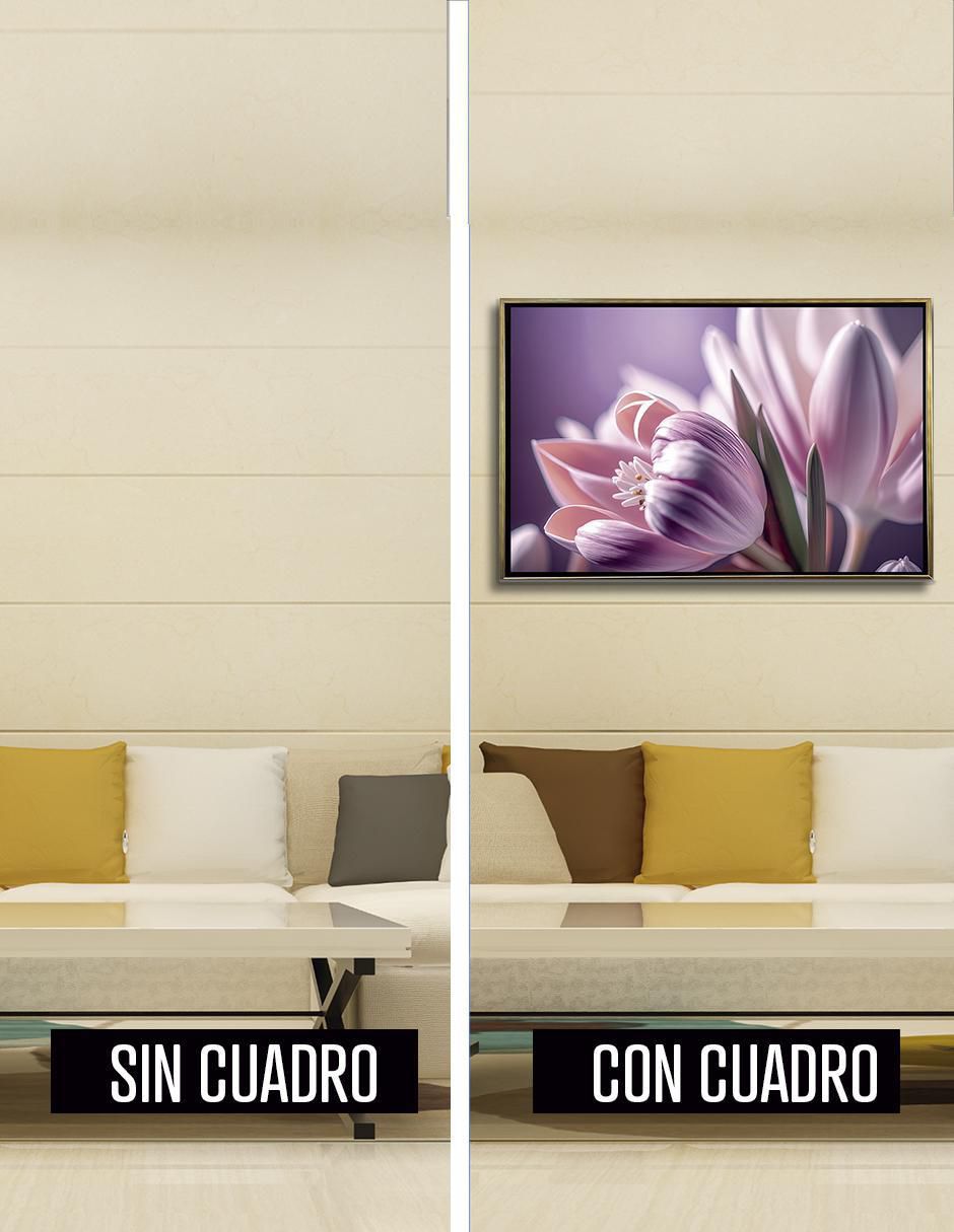 Pintura Cuadro Decorativo con marco Oro Tulipanes Lilas técnica impresión Premium 3