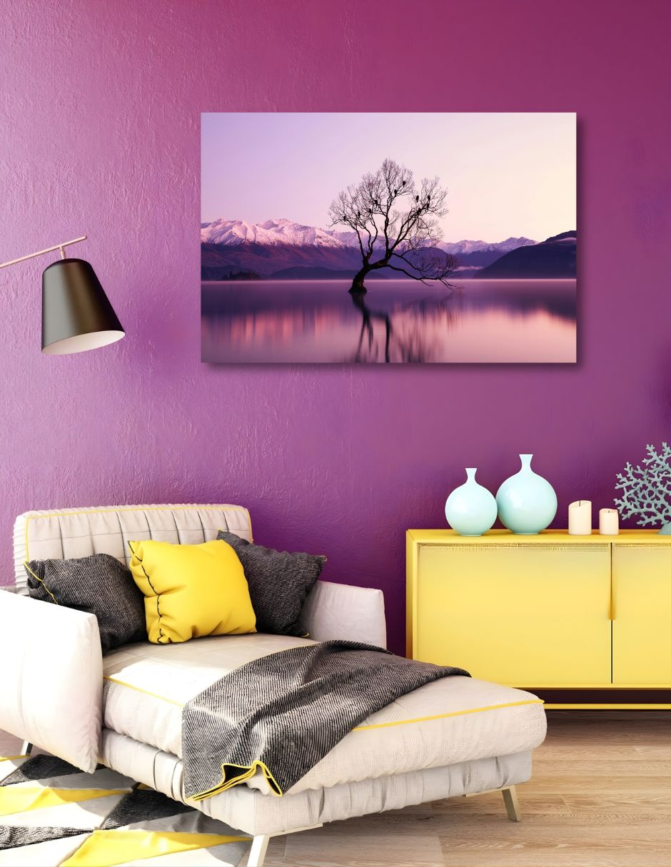 Cuadro decorativo paisaje lago púrpura