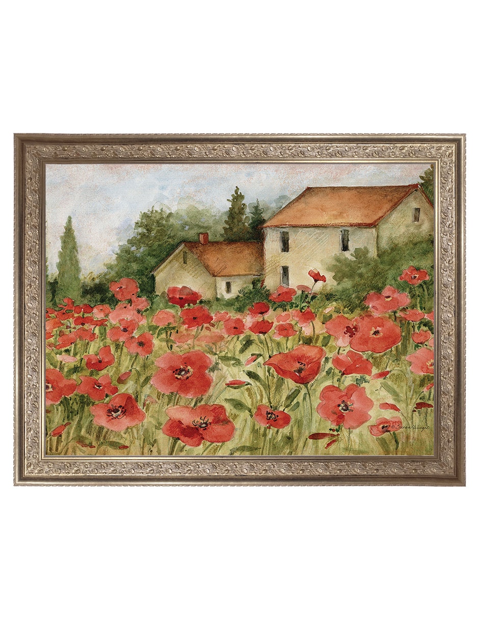 Cuadro decorativo enmarcado- paisaje toscano de amapolas de susan winget técnica mixta