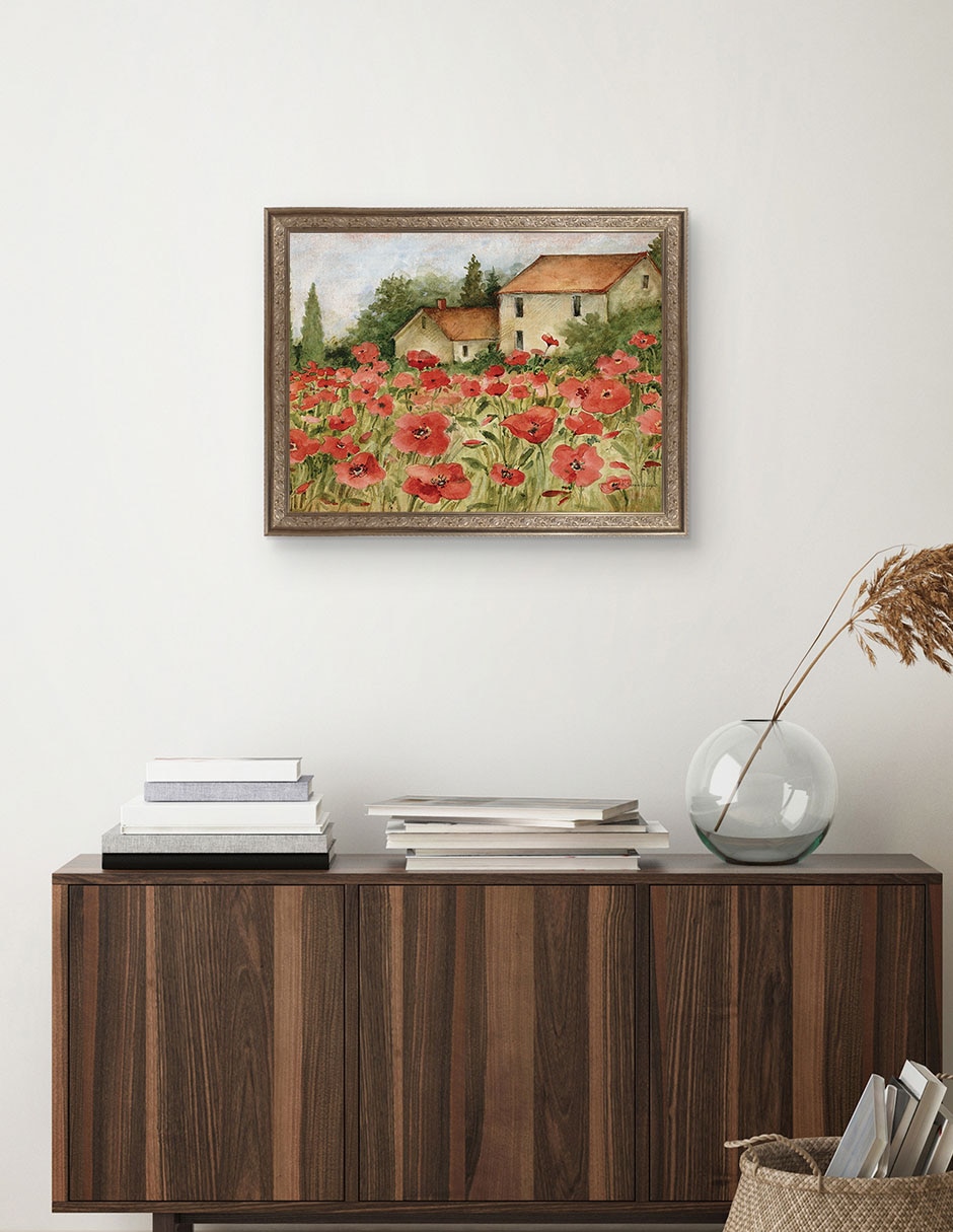 Cuadro decorativo enmarcado- paisaje toscano de amapolas de susan winget técnica mixta 4