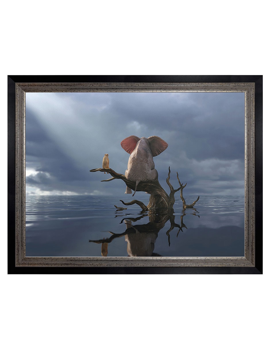 Cuadro decorativo Elefante Y Perro Sentados En Un Árbol Huyendo De Una Inundación De Mike Kiev técnica mixta